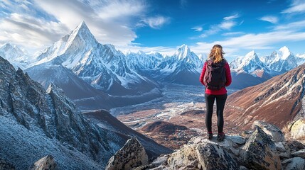 Woman Backpacker Views Majestic Snowy Mountain Range