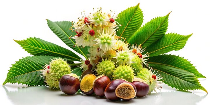 Close-up of a buckeye flower, fruit, and leaf, outlined in black.