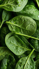 Fototapeta premium Green baby spinach leaves with water drops background. Fresh green backdrop. AI illustration