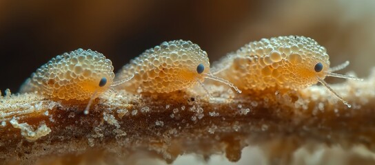 Three aquatic crustaceans on a branch, underwater macro shot, ocean background, nature photography