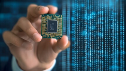Businessman's Hand Holding a Digital Chip Against a Background of Data and Technology