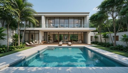 Fototapeta premium Contemporary villa with swimming pool nestled in lush tropical landscape