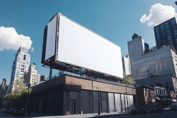 Blank billboard mockup, city street, sunny day, advertising space