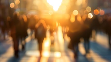 Golden hour city walk with blurred crowd, warm sunlight, urban life, busy streets, soft focus, dreamy atmosphere, evening glow