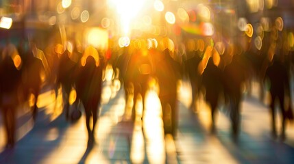 Golden hour city walk with blurred crowd, warm sunlight, urban life, busy streets, soft focus, dreamy atmosphere, evening glow