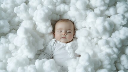 Sleeping baby surrounded by soft clouds of cotton, with a clean white background