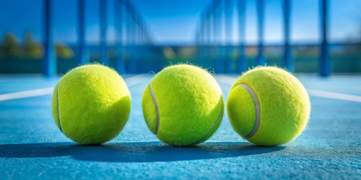 Three vibrant tennis balls rest on a sunlit blue court, ready for a game of exhilarating competition.