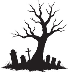 Silhouette of a Spooky Tree with Tombstones in a Graveyard Scene | Silhouette of a Graveyard with Tombstones and Tree on white background | Silhouette of a Tree with Gravestones on Hill