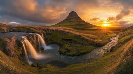 Icelandic Landscape at Sunset with Waterfall and Mountain