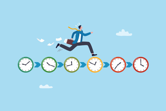 Deadline urgency, timer clock countdown, pressure to finish work within time limit, due date or timing to complete responsibility concept, businessman hurry running on time counting down deadline.