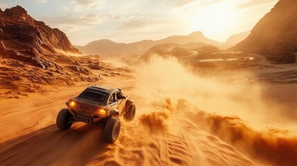 A race in the desert with off-road vehicles driving through sand dunes, dusty trails and an adventurous spirit
