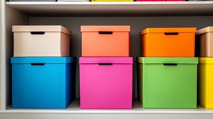 A row of colorful storage boxes stacked in a tidy closet