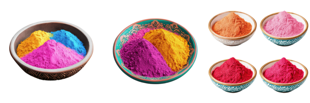 Colorful powders arranged in bowls, showcasing vibrant hues of pink, blue, yellow, and red, typically used in festivals and celebrations. - Powered by Adobe