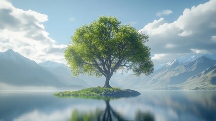 A single tree stands on a small island in a calm lake, its reflection mirroring the serene scene.