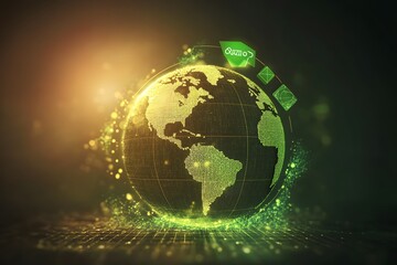 Global green energy network, digital earth, data flow, glowing background, sustainability concept