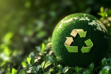 Green globe recycling symbol, nature background, eco-campaign