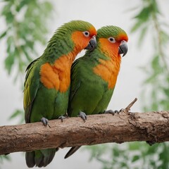 Fototapeta premium A pair of lovebirds sitting close together, vibrant green and orange feathers, pure white background.