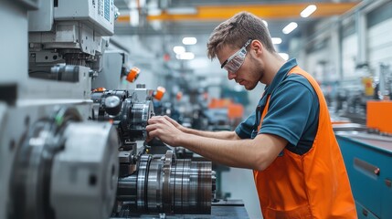 A young worker in safety goggles meticulously operates a machine in a modern manufacturing facility.