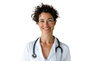 Smiling female doctor in white coat with stethoscope isolated on white or transparent, PNG