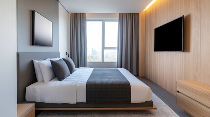 Modern hotel room with stylish decor and comfortable bedding, featuring large windows and elegant wooden accents.