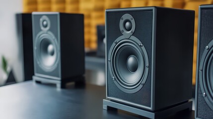 Fototapeta premium Stylish black speaker on a table, perfect for enhancing audio quality in home studios or entertainment spaces.
