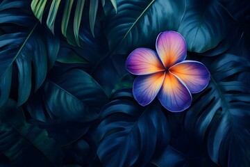 Tropical flower, vibrant, dark leaves, background, design