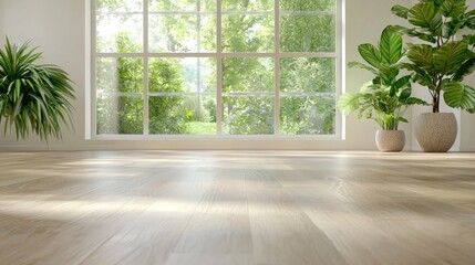 Bright sunlit room, plants, hardwood floor, garden view, interior design