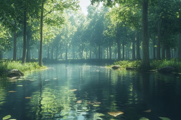 Tranquil forest stream, sunlit foliage, calm water