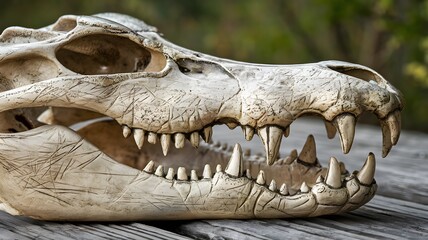 Fototapeta premium Close-Up of a Crocodile Skull Showcasing Jagged Teeth and Textured Surface 