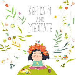 Vector illustration with girl practicing yoga in park