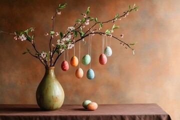 Spring Easter eggs hanging from blossom branch in vase