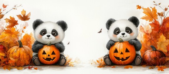 Fototapeta premium Two pandas holding jack-o'-lanterns, autumn leaves, Halloween