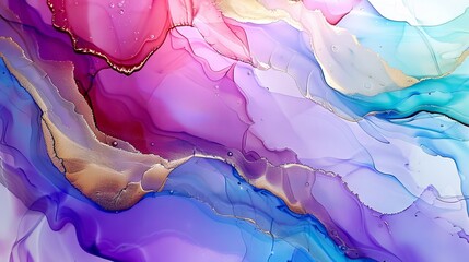 Natural-luxury abstract fluid art painting in alcohol ink technique with free-flowing translucent hues, snaking metallic swirls, and foamy bursts of vibrant color