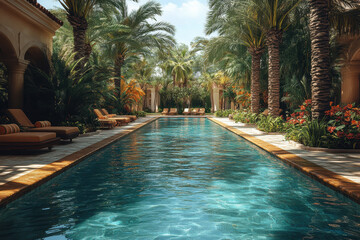 Fototapeta premium Luxurious tropical poolside oasis with palm trees and lounge chairs