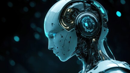 Futuristic Female Cyborg Robot Head AI Technology Artificial Intelligence Close up Profile View