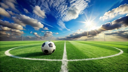 Fototapeta premium A soccer ball rests on a vibrant green field, under a dramatic sky filled with fluffy clouds and a radiant sun, marking the corner of the playing area.