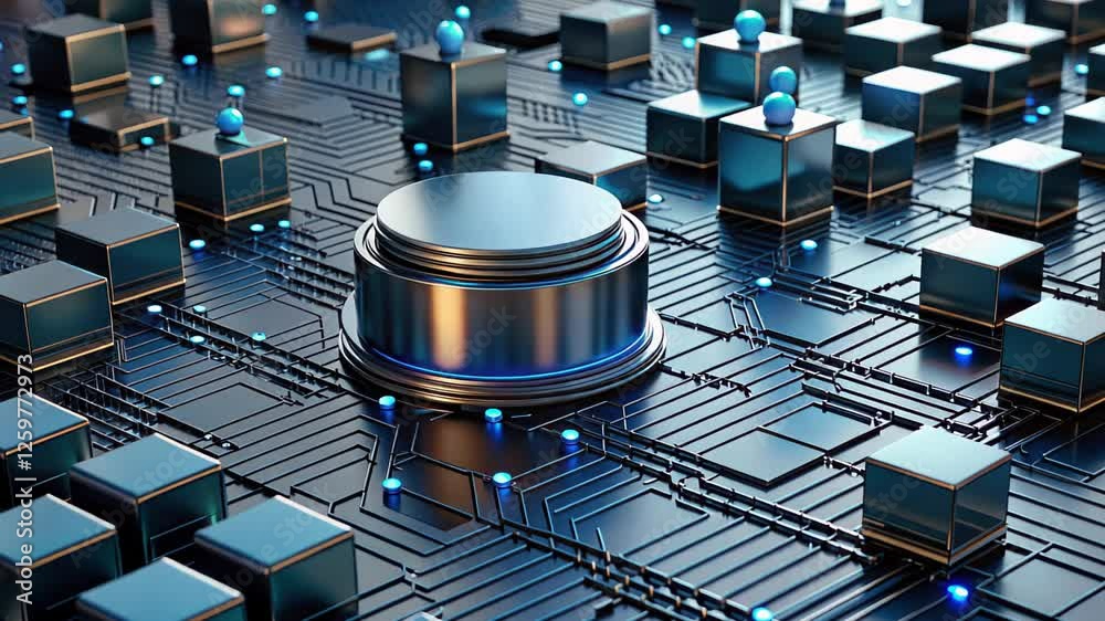 Poster exploring futuristic technology with intricate circuit patterns and shimmering elements in a digital