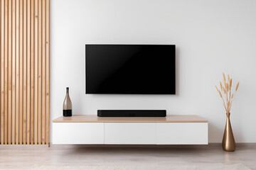 modern living room with tv and sound bar mockup. Home entertainment system mockup. Tech, visual, audio entertainment. Stylish interior design, 300dpi, 3d