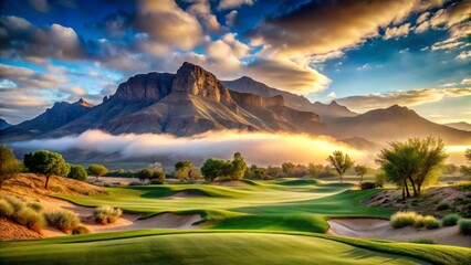 Fototapeta premium Serene Sunrise Over a Lush Golf Course Nestled Amongst Majestic Mountains