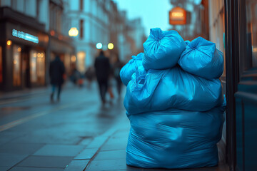 Obraz premium A stack of blue garbage bags on the sidewalk in London, street photography, people walking by, evening light, low-angle shot, blurred background, urban sett