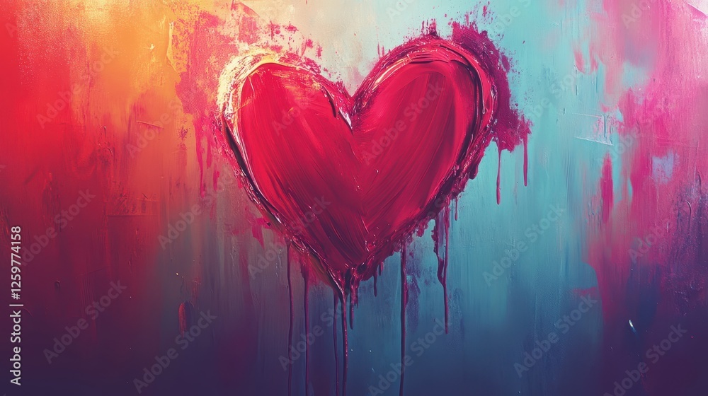 Poster abstract red heart painting with dripping paint on a colorful background