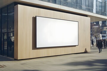 Blank billboard mockup, city street, pedestrians, sunlight, advertising