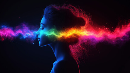 Woman silhouette with rainbow energy waves flowing through mind. Creative visualization of consciousness and imagination in profile view