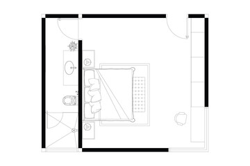 2 dimension of layout bedroom with bathroom of interior design plan, black lines on white background, isolated. Set 36