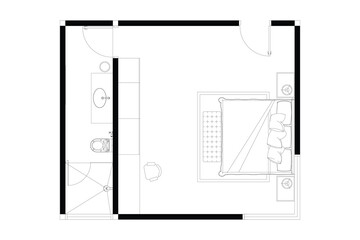 2 dimension of layout bedroom with bathroom of interior design plan, black lines on white background, isolated. Set 39