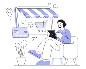 Woman doing online shopping at home. Digital purchasing using internet shop