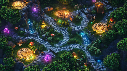 Enchanted Forest Path at Night with Glowing Crystals