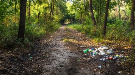 Fototapeta premium Forest Path Littered with Trash - Environmental Damage