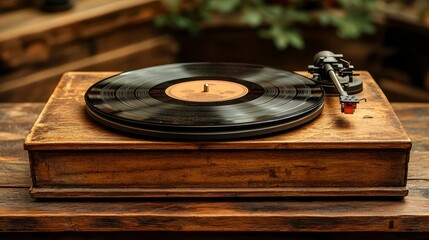 Vintage turntable playing vinyl record, wooden table, indoor plants background