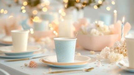 Fototapeta premium Elegant Birthday Table Setting with Pastel Colors and Golden Accents Detail